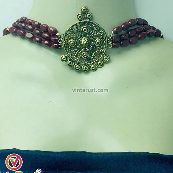 Beaded Jewelry Set With Metal Motif, Choker With Earrings and Rings, - Picture 2 of 5